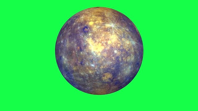 Realistic planet Mercury rotating on green screen background chroma key loop. Futuristic 3D alien exoplanet globe or abstract cosmic sphere loopable video