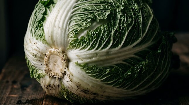 Fresh green napa cabbage on a rustic dark wooden table
