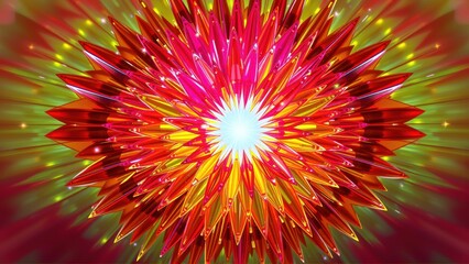 Obraz premium Bright fractal bloom radiates energy. Vivid colors blend, creating dynamic visual impact. Intense light emanates from central point.
