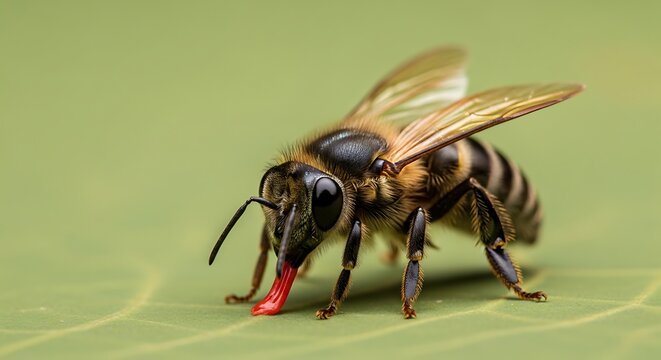 Macro photography of a honey bee resting on a green leaf.