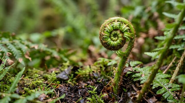 Fiddlehead fern grows in forest with ferns and moss on ground closely