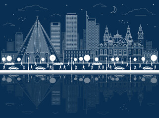 Maringa Brazil City Skyline Outline with Cathedral Reflection and Urban Architecture on Dark Blue Background