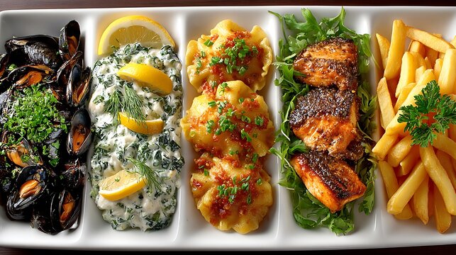 Gourmet seafood platter with mussels, creamed spinach, ravioli, salmon, and fries keywords
