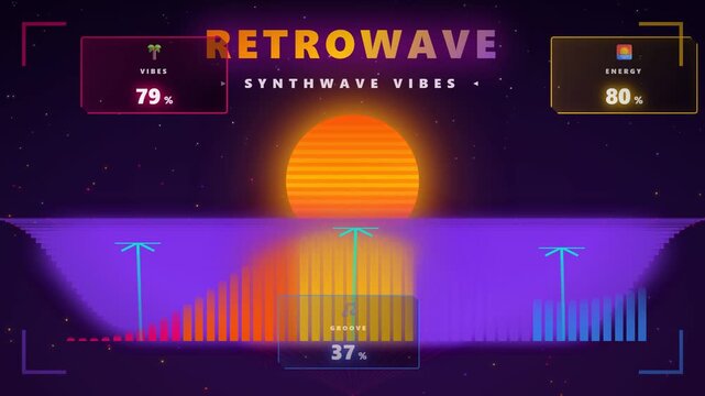 Retrowave Synthwave Digital UI with Sunset Background