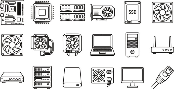 Set of black and white computer hardware icons displaying internal components for building a custom desktop pc gaming system