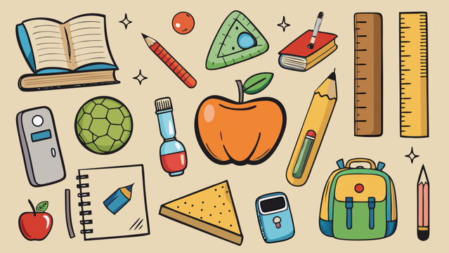 Cartoon-style school supplies and learning tools arranged in a cheerful educational illustration.