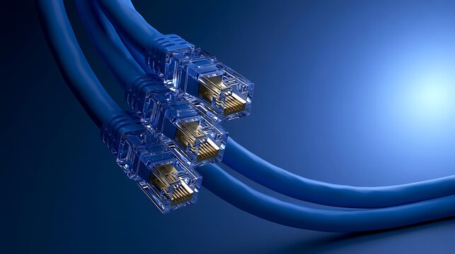 Network connection, internet, technology concept - Ethernet Network RJ45 cables on blue background. 3d illustration