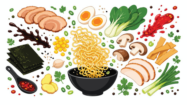 Japanese ramen ingredients vector set, deconstructed noodle bowl with pork belly and soft boiled eggs, asian soup toppings flat illustration