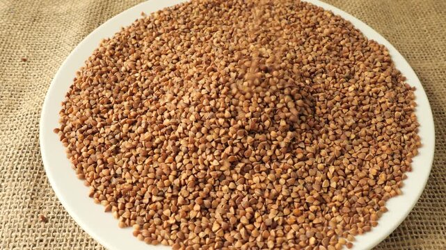 Raw buckwheat groats pouring into a plate
