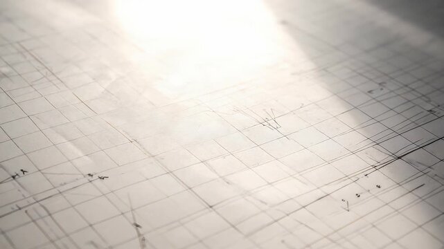 A closeup of a technical architectural blueprint featuring intricate lines and grids, bathed in gentle sunlight. The image highlights contemporary planning and construction innovation