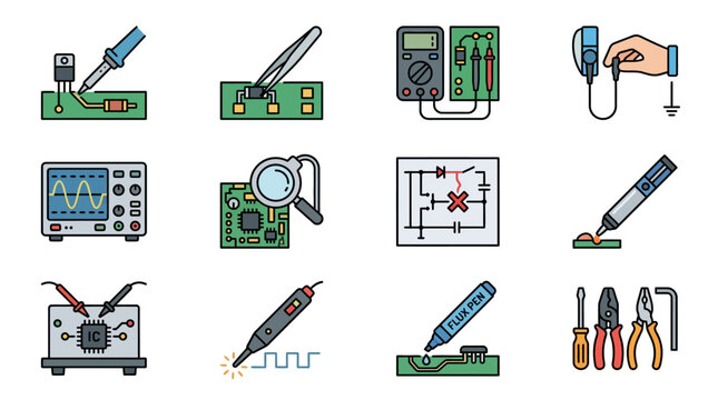 Colorful flat design electronic tools and equipment icons.