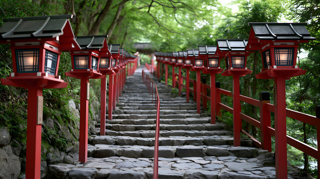 Serene Red Lanterns Line Stone Stairway at Kifune Shrine in Lush Greenery
