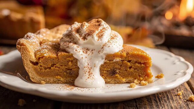 A slice of pumpkin pie topped with whipped cream and spices.