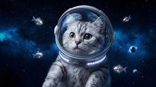 Adorable Grey Tabby Cat Wearing a Futuristic Astronaut Helmet Floating in Deep Outer Space Surrounded by Glowing Golden Cosmic Fish