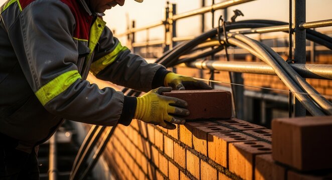 Skilled Construction Worker Carefully Placing Brick To Build Wall Outdoors