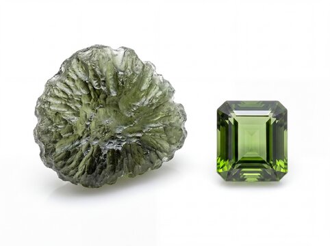 Natural rough moldavite crystal beside polished emerald cut moldavite gemstone, raw versus cut comparison isolated on white background