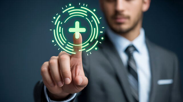 Business professional gesturing towards a glowing green plus sign icon on a digital interface representing growth improvement and added value opportunities.