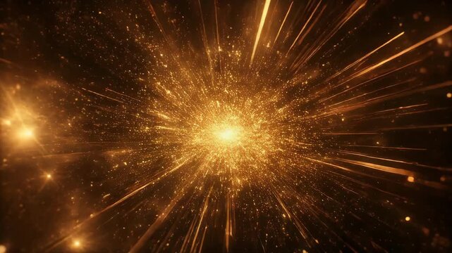 Dynamic orange explosion with radiating light beams and glowing particles