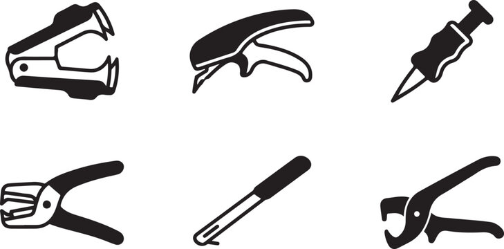 Six black hand tools icon set including pliers and cutters Vector