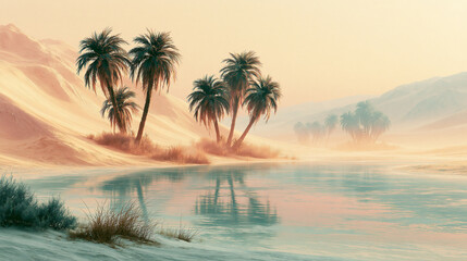 Fototapeta premium A serene desert oasis with palm trees reflecting in calm water, surrounded by sandy dunes and soft pastel skies.