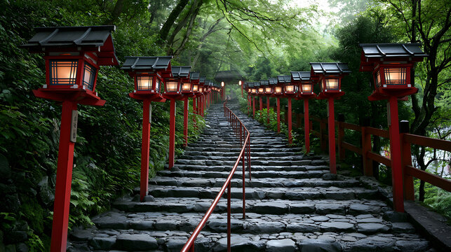 Serene Stone Stairway with Red Lanterns Illuminating Path to Kifune Shrine in Lush Greenery