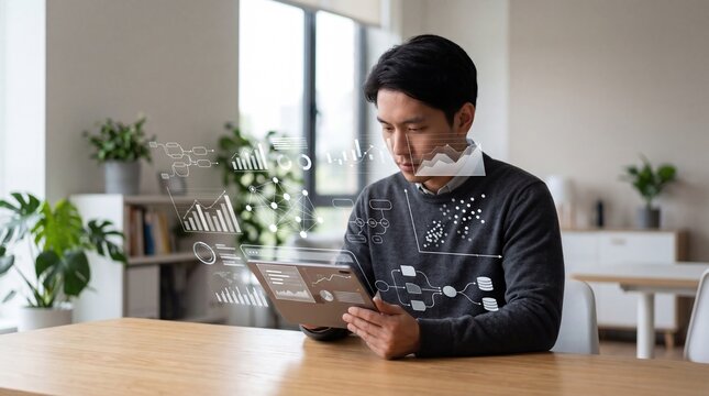 Asian man holding tablet device surrounded by floating digital data analysis graphics including bar charts network diagrams scatter plots for business intelligence.