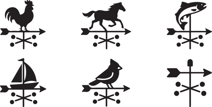 Black and white traditional weather vane icons with animals and objects Vector