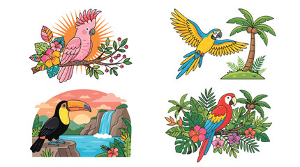 Collection of exotic tropical birds perched on branches and flying near lush vegetation and scenic landscapes © Amirul