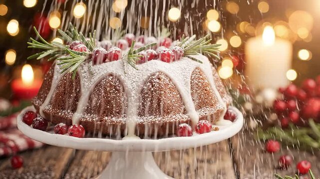 A festive bundt cake adorned with berries and rosemary, evoking holiday cheer.