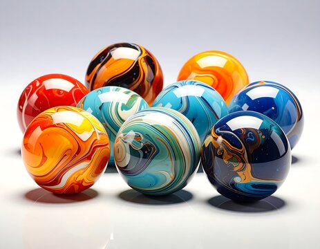 A collection of seven colorful glass marbles with swirling patterns