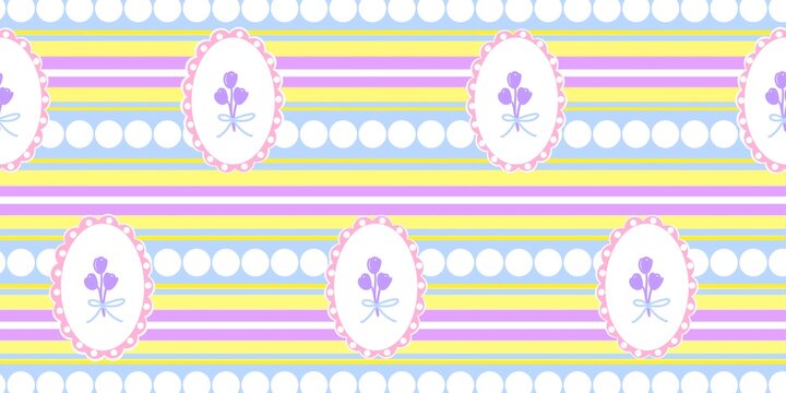 cute purple flower tulip and blue ribbons bow seamless pattern background on purple blue yellow white gingham background fabric wallpaper wrapping design