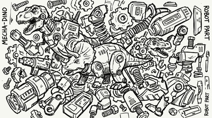 A detailed ink drawing of two mechanical dinosaurs a TRex and a Triceratops surrounded by various robot parts © Fauzan Adzima