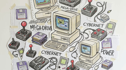 Collage of handdrawn illustrations depicting retro computer hardware game consoles joysticks and floppy disks © Fauzan Adzima