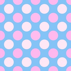 Cute pastel rainbows polkadot seamless pattern with white pink dots on blue background © vanillabluecloud