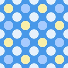 Cute pastel rainbows polkadot seamless pattern with yellow white dots on blue background © vanillabluecloud