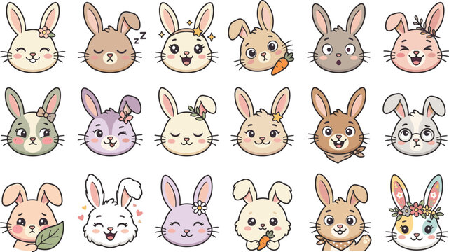 Cute Bunny Rabbit Face Emoji Collection Cartoon Character Avatar Set for Stickers and Kids Design