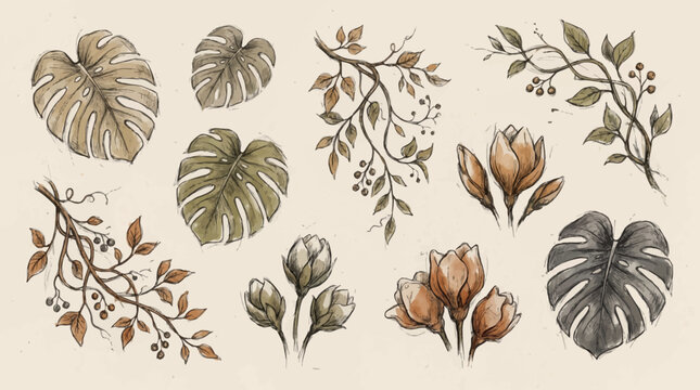 A collection of handdrawn illustrations featuring monstera leaves botanical vines and flower buds on paper