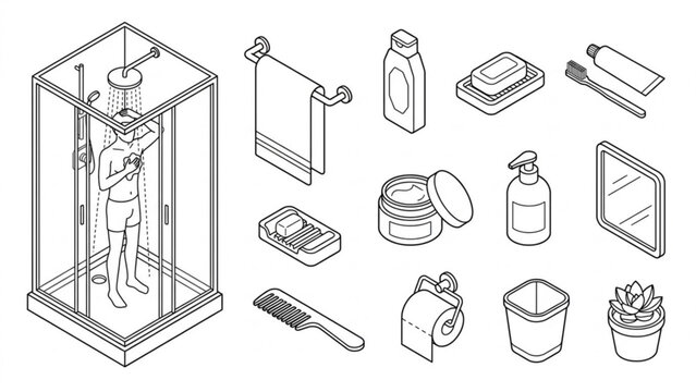 Isometric Bathroom Hygiene Vector Set &ndash; Personal Care Routine, Skincare Products and Shower Essentials Collection
