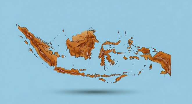 Stylized map of Indonesia with wood grain texture.