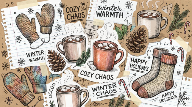 A collage of sketched winter items including mittens hot cocoa mugs socks and pinecones on a paper background