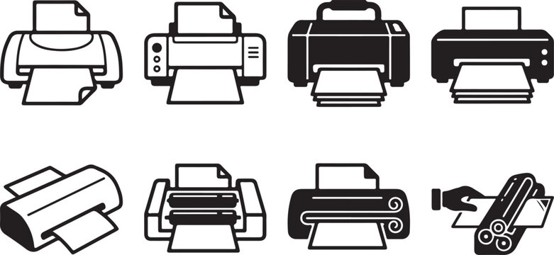 Eight different printer icons in black and white style Vector