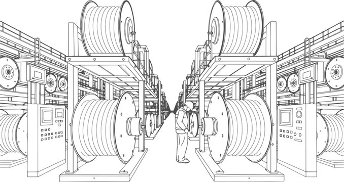 Cable Manufacturing Factory Interior with Large Industrial Cable Drums and Spools, Black and White Line Art Illustration
