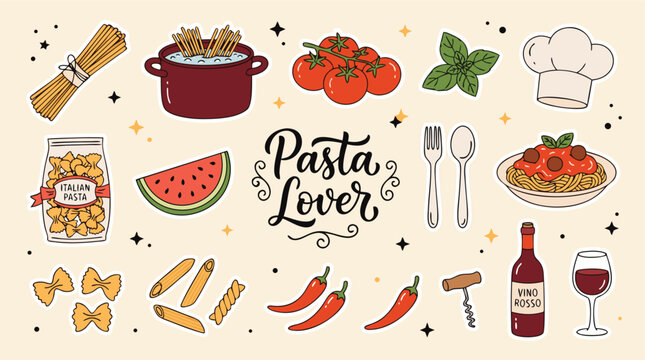 Pasta lover food and drink concept with various ingredients and utensils on beige background