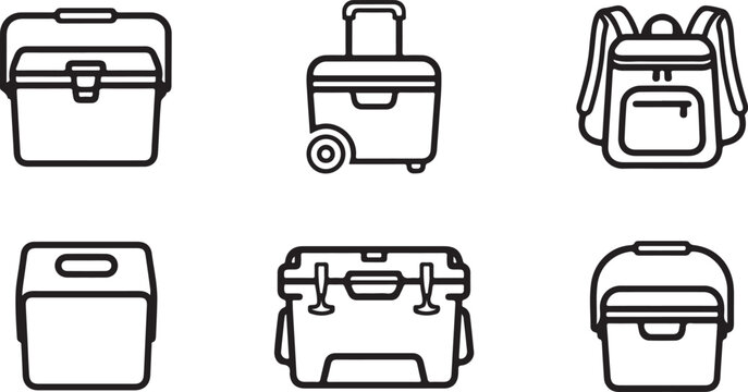 Six different luggage and storage box icons in simple line art style Vector