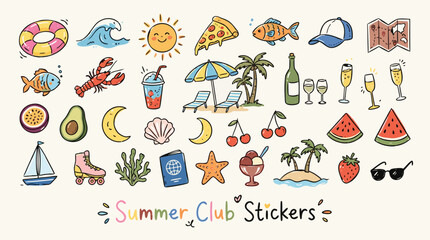 Obraz premium Summer club stickers with various colorful icons and symbols for holiday fun activities