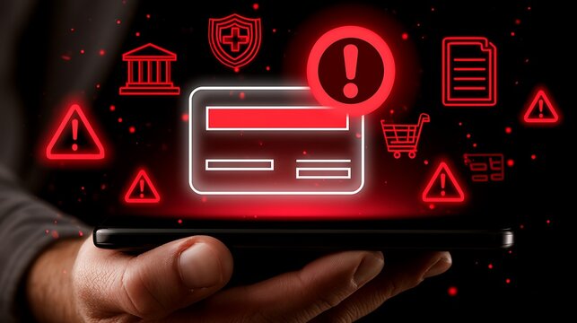 Online payment fraud detection and cybersecurity threat alert concept person using smartphone, blocked credit card transaction warning and digital banking security system to prevent financial scam.