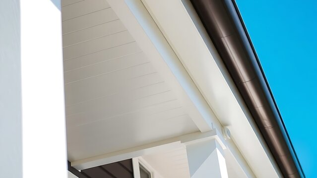 Clean white soffit board under eaves contrasting with dark rain gutter.