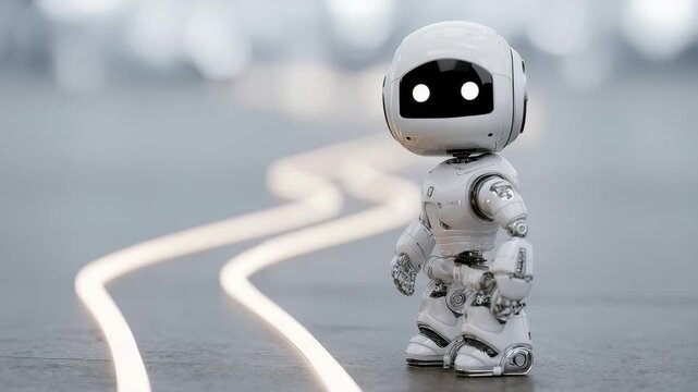 Futuristic small robot with glowing eyes stands on a smooth surface, illuminated by a winding light trail. Advanced AI technology and robotics merge in a sleek, modern environment
