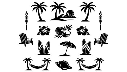 Palm Tree Tropical Icon Set with Black Silhouettes and Decorative Elements Featuring Silhouette, Decoration, Pattern with Design © Mst