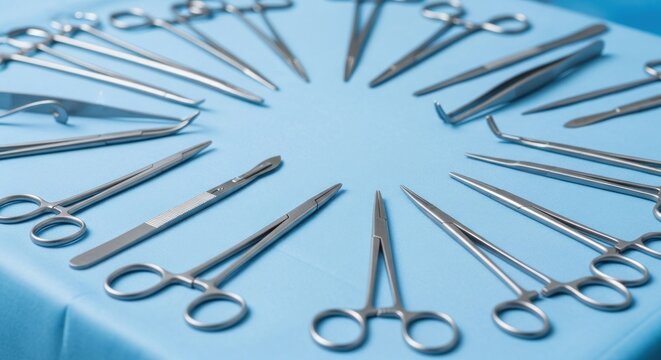 Surgical instruments arranged in a circle on blue background.